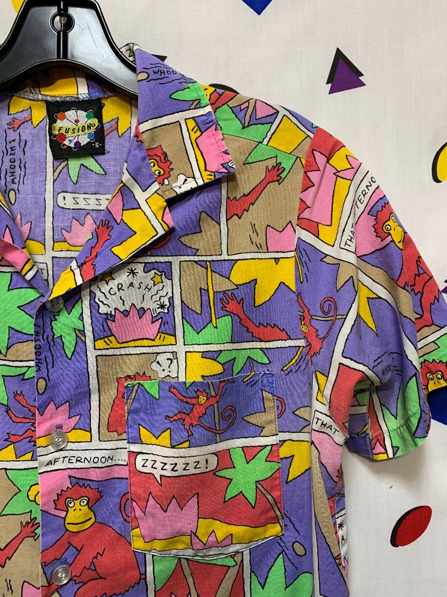 1990s Colorful Monkey Comic Strip Button Down Shirt | Boardwalk Vintage