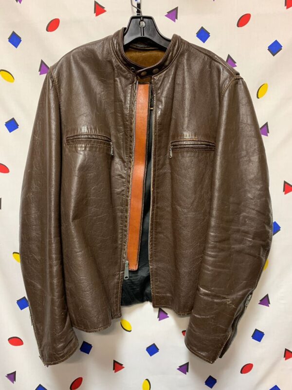 product details: 1960S LEATHER CAFE RACER JACKET WITH SHORT COLLAR SNAP BUTTONS & HORSE HIDE TRIM photo