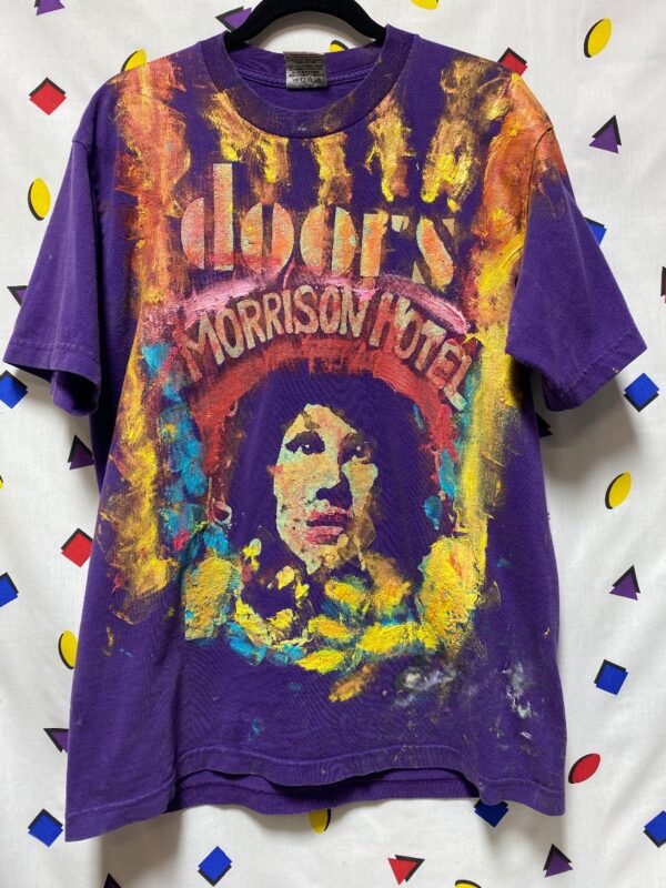 product details: HANDPAINTED THE DOORS MORRISON HOTEL T-SHIRT PSYCHEDELIC GLITTER DESIGN LOCAL ARTIST photo