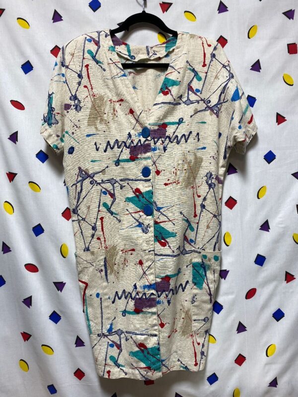 product details: 1980S PAINT-SPLATTER DRESS LARGE BOTTOM POCKETS BUTTON-UP V-NECK 100% COTTON AS-IS photo