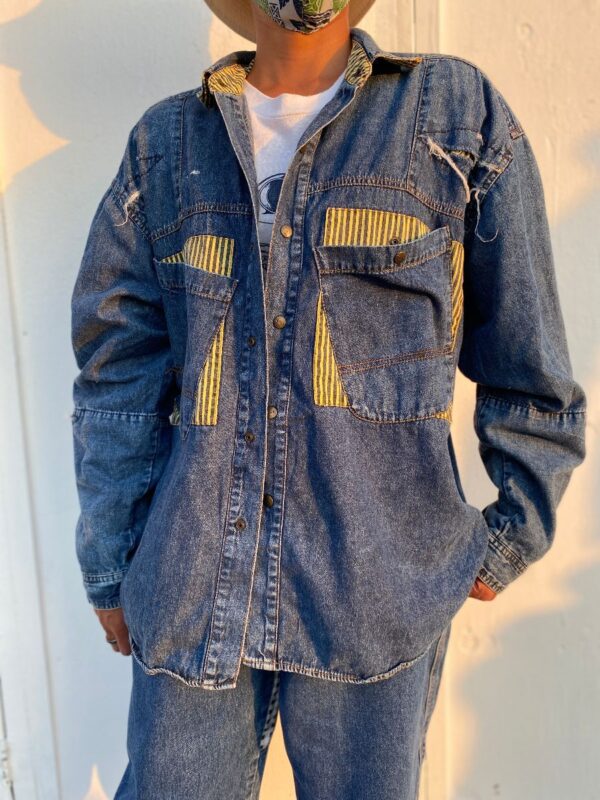 product details: USED DENIM PATCHWORK THIN JACKET DIAGONAL FRONT POCKETS PINSTRIPE PATCH 100% COTTON photo