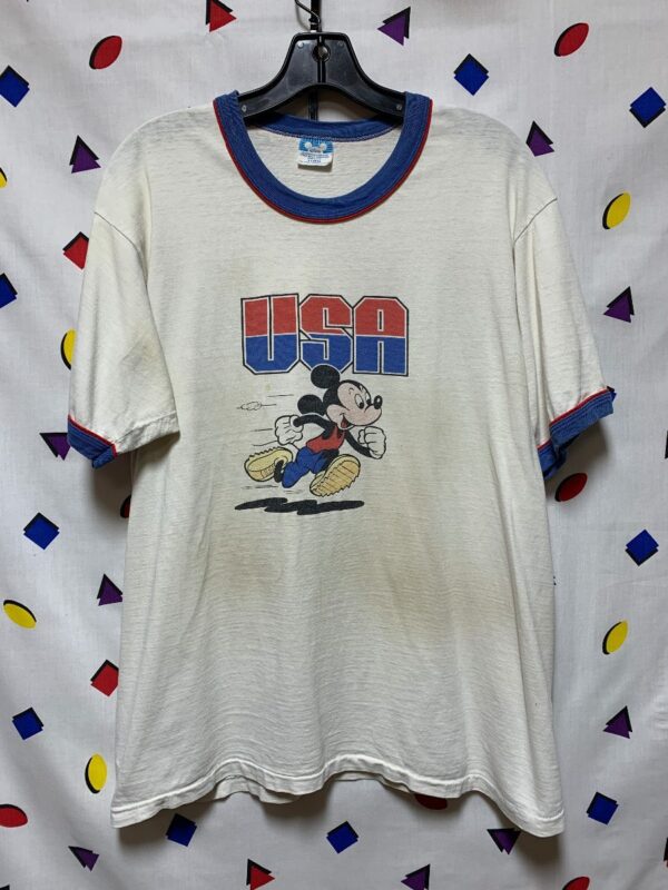 product details: *DISTRESSED* DISNEY RINGER TEE USA MICKEY MOUSE RUNNING 100% COTTON AS-IS photo