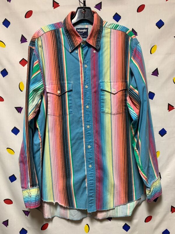 product details: 1980S WRANGLER PASTEL VERTICAL STRIPE SHIRT DOUBLE FRONT POCKETS AS-IS photo