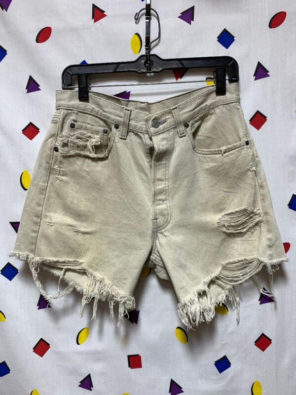product details: HEAVILY DISTRESSED LEVIS CUT OFF JEAN SHORTS FRAYED EDGES PERFECT RIPPED UP DENIM AS-IS photo
