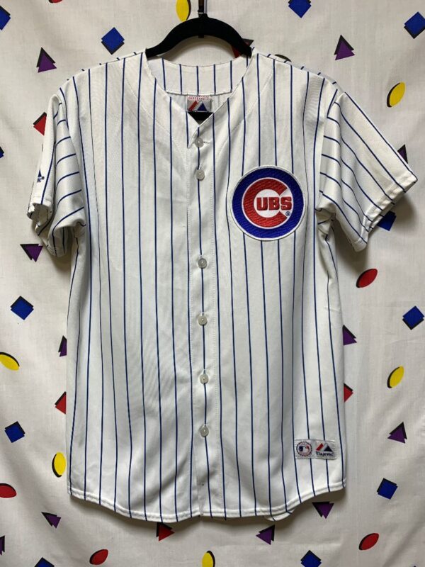 product details: CHICAGO CUBS PINSTRIPE MLB BASEBALL JERSEY SS V-NECK BD SORIANO 12 SMALL FIT AS-IS photo