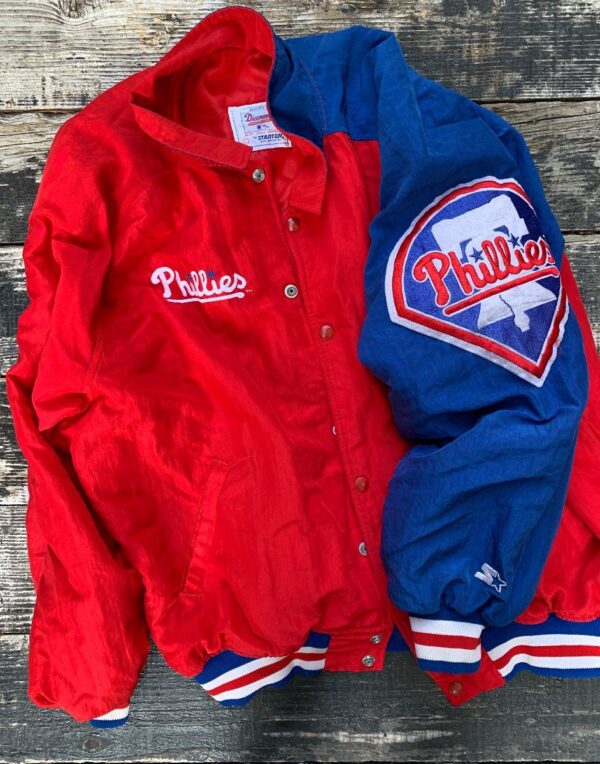 product details: PHILADELPHIA PHILLIES STARTER JACKET PUFFY TWO TONED COLOR BLOCK EMBROIDERED PATCHES photo