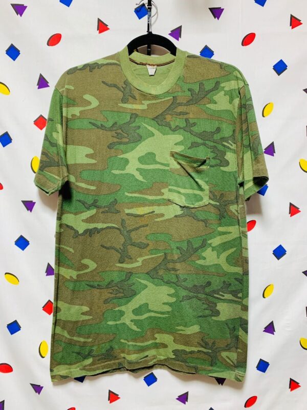product details: CAMO RINGER TEE ARMY MILITARY WITH FRONT POCKET DALLAS TEXAS USA TSHIRT photo