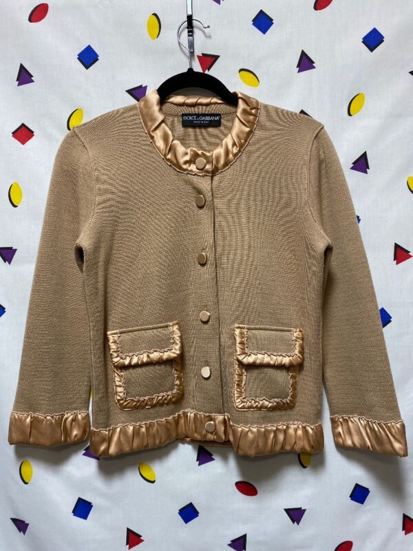 product details: CROPPED KNIT JACKET SILK RUFFLED TRIM AND LINING photo