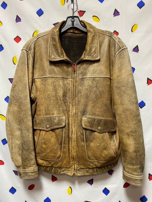 product details: LEATHER BOMBER JACKET WITH SHERPA LINING DOUBLE FRONT POCKETS AS-IS photo