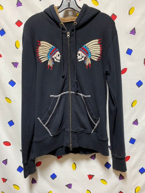product details: ZIPUP PULLOVER SWEATSHIRT W/ NATIVE AMERICAN SKULL EMBROIDERY AND THICK LINED HOOD photo
