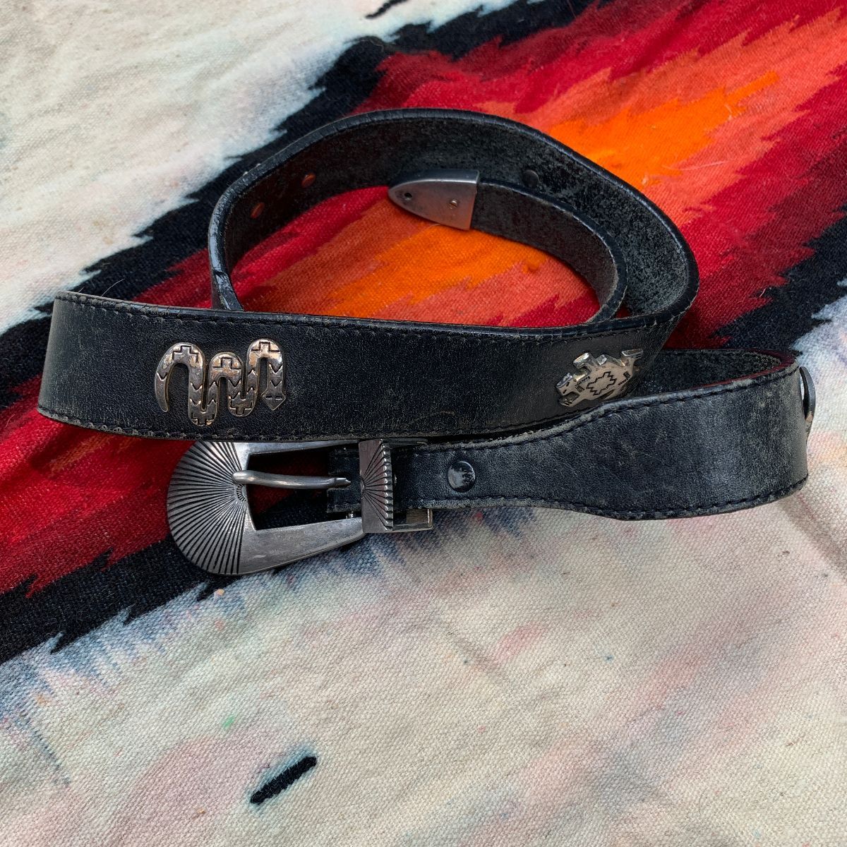 1990s Soft Black Leather Belt W Southwestern Animal Conchos 