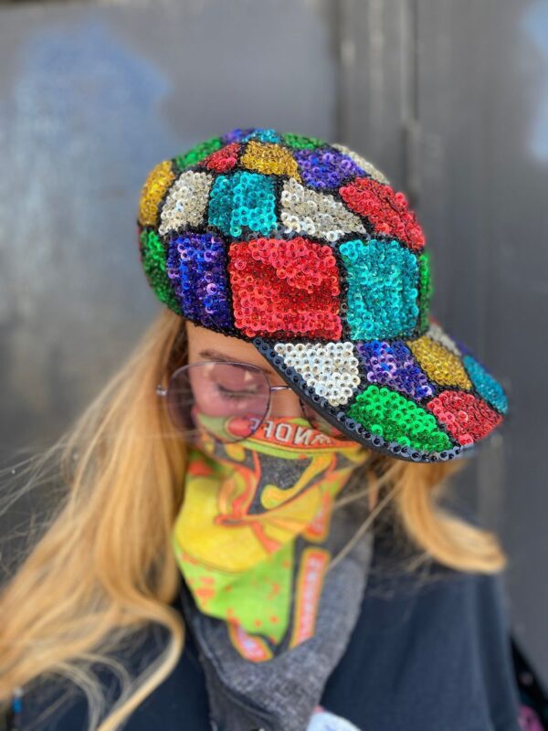 product details: MULTI COLORED ALLOVER SEQUINED HAT GEOMETRIC STAINED GLASS DESIGN photo