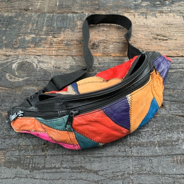 product details: SOFT LEATHER PATCHWORK FANNY PACK ZIGZAG STITCHING MULTI POCKET AS-IS photo