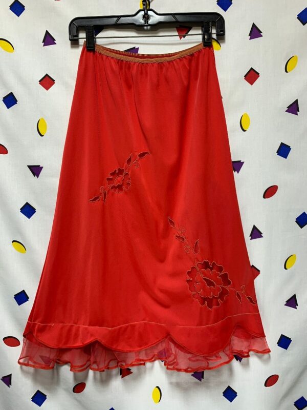 product details: SLIP SKIRT W/ SHEER FLORAL DETAIL & RUFFLE BOTTOM TRIM AS-IS photo