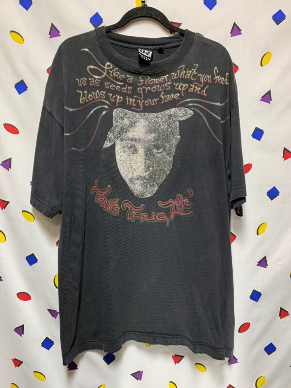 product details: 1990S BOOTLEG TUPAC PORTRAIT SCREEN PRINT THUG LIFE AIRBRUSH QUOTE TEE photo