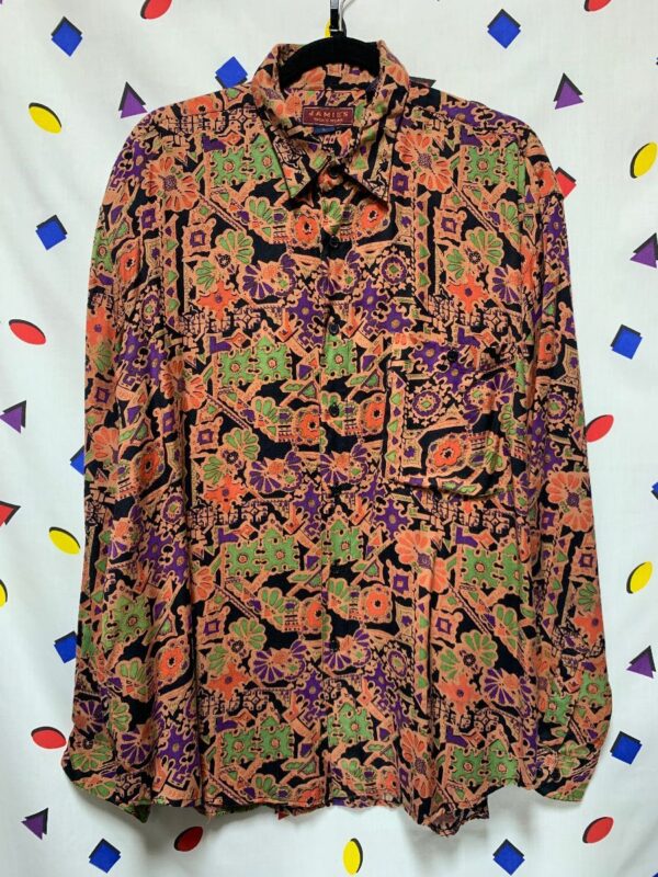 product details: RETRO GEOMETRIC MULTICOLORED RAYON LONG SLEEVE BUTTON DOWN SHIRT photo