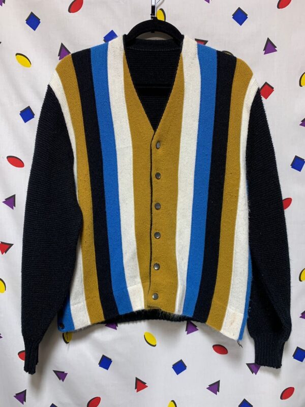 product details: 1960S STYLE WOOL TRI TONE COLORBLOCK CARDIGAN photo