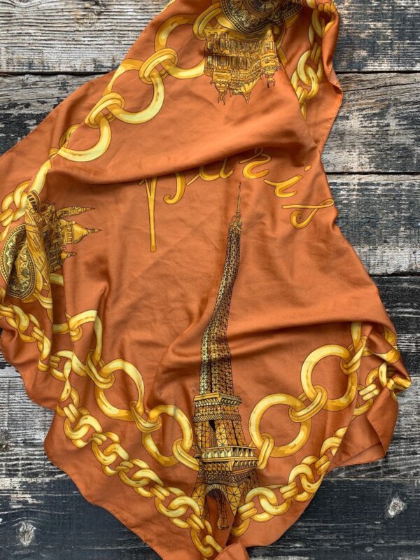 product details: VINTAGE CHANEL STYLE CHAIN PRINT PARIS EIFFEL TOWER ILLUSTRATION SCARF photo