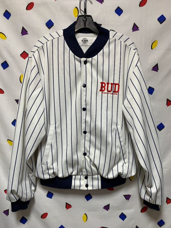 product details: PINSTRIPE BUDWIESER BUTTON UP JACKET BUD KING OF BEERS AS-IS photo