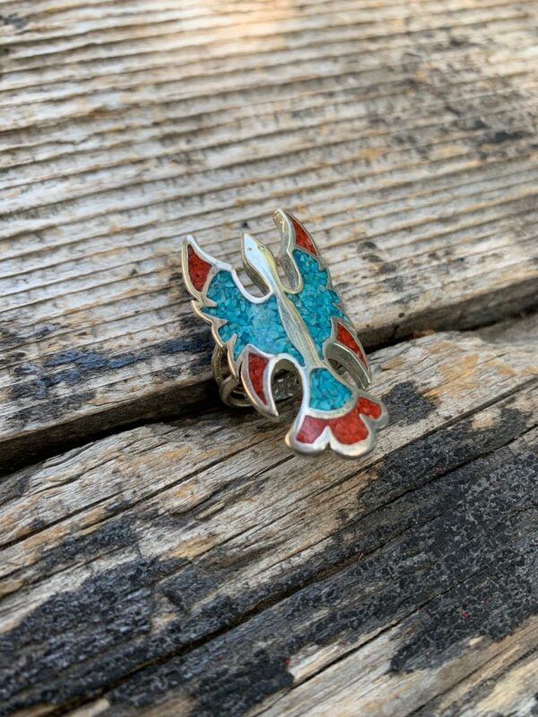 product details: TURQUOISE AND CORAL PHOENIX FIREBIRD INLAY SILVER RING photo