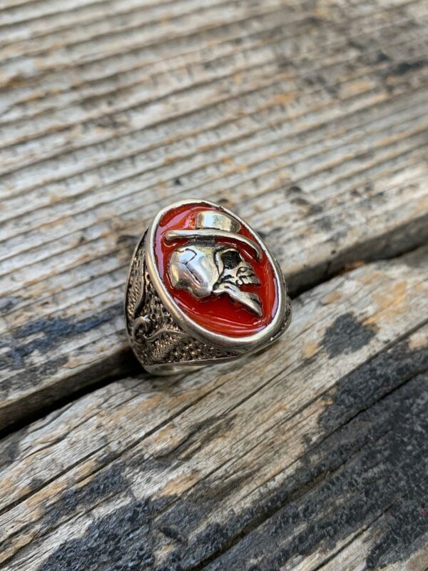 product details: TOP HAT LAUGHING SKULL THREE SIDED RED ENAMEL BIKER RING WITH FIREBIRD SIDE DESIGN photo