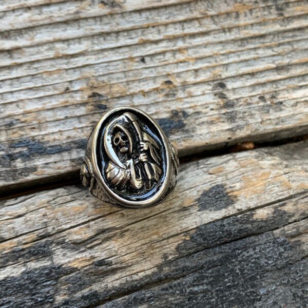 product details: GRIM REAPER WITH SICKLE AND SKULL BLACK ENAMEL THREE SIDED BIKER RING photo