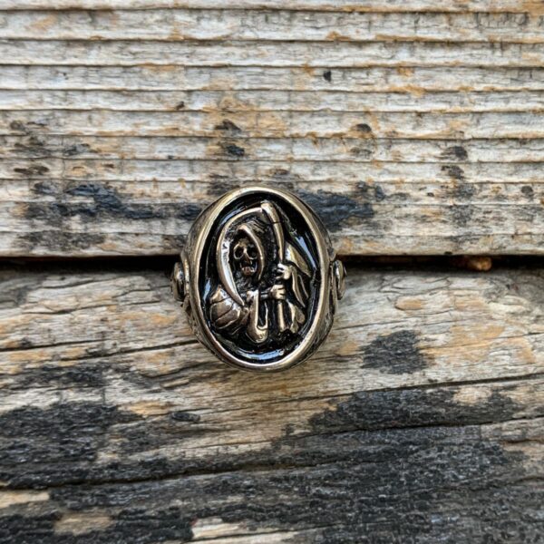 product details: GRIM REAPER WITH SICKLE AND SKULL BLACK ENAMEL THREE SIDED BIKER RING photo