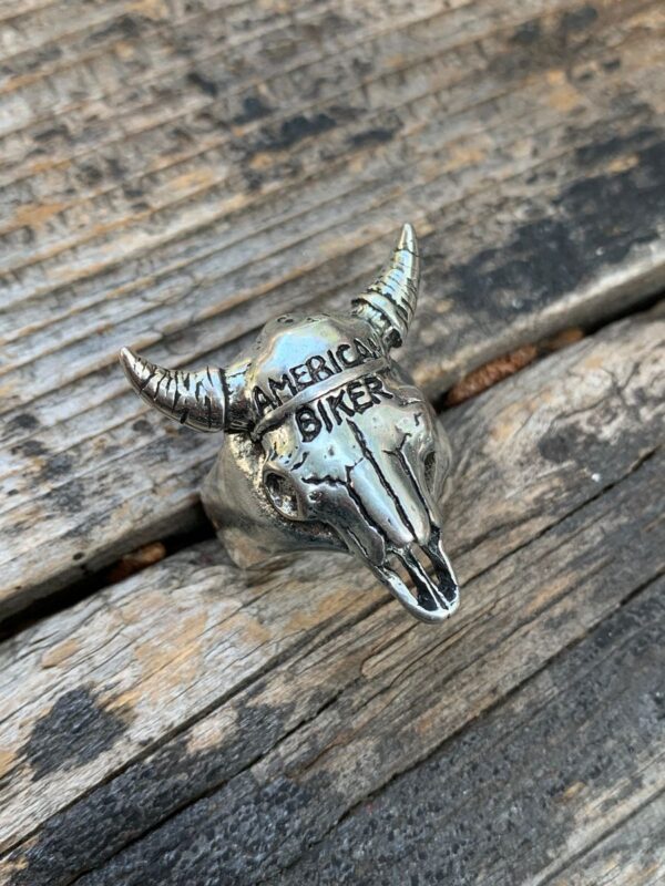 product details: AMERICAN BIKER LONGHORN BULL SKULL COWBOY BIKER RING photo