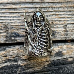 Photo detail:HUGE OVERSIZED GRIM REAPER SKELETON WITH SICKLE SILVER BIKER RING