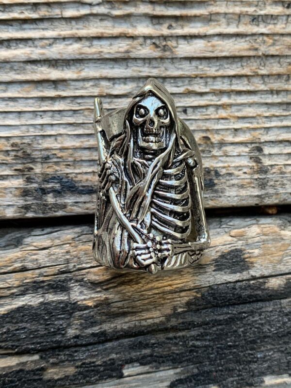 product details: HUGE OVERSIZED GRIM REAPER SKELETON WITH SICKLE SILVER RING photo