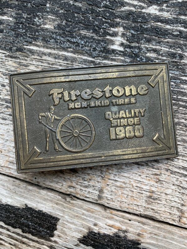 product details: VINTAGE 1970S FIRESTONE NON-SKID TIRES QUALITY SINCE 1900 SOLID BRASS BELT BUCKLE photo