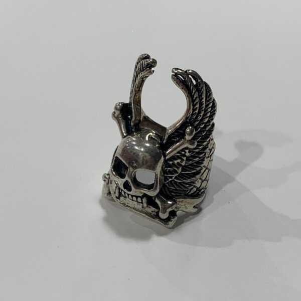 product details: WINGED SKULL AND CROSSBONES SILVER BIKER RING photo