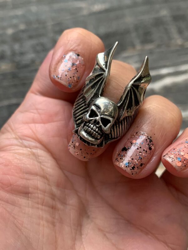 product details: LARGE WINGED BAT OUT OF HELL SKULL BIKER RING photo