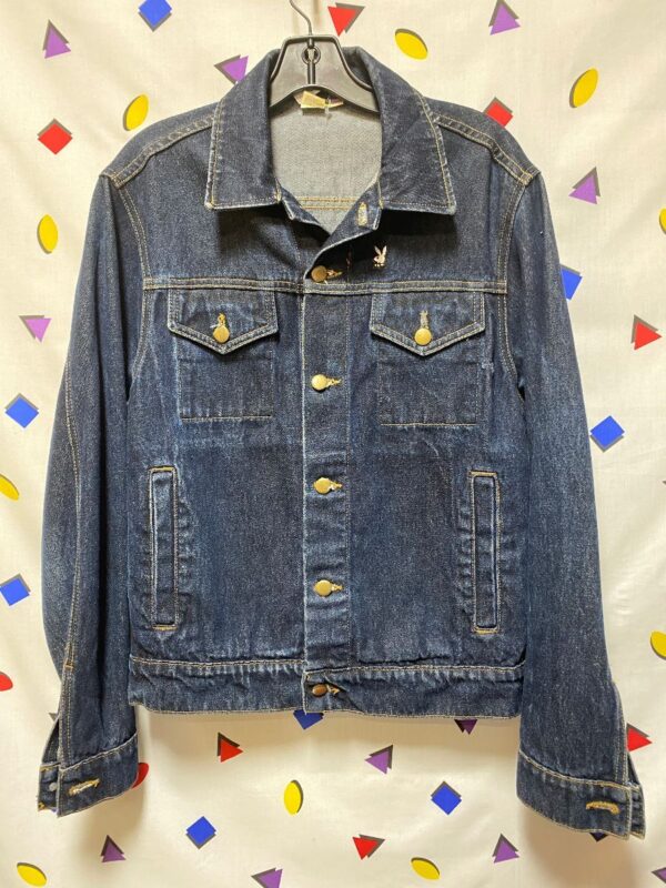 product details: AMERICAN APPAREL DENIM JACKET DARK WASH WITH PLAYBOY BUNNY PATCH - AS IS photo