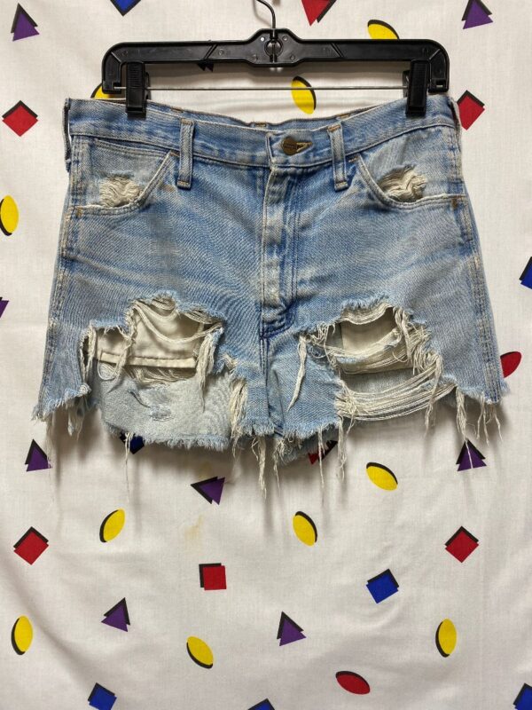product details: DENIM SHORTS DISTRESSED LIGHT WASH MID RISE - AS IS photo