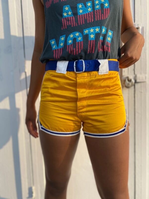 product details: 1970S AMAZING SATIN HOT PANTS SHORTS WITH FRONT BELT FAÇADE AND ATHLETIC STRIPE LINING AS-IS photo