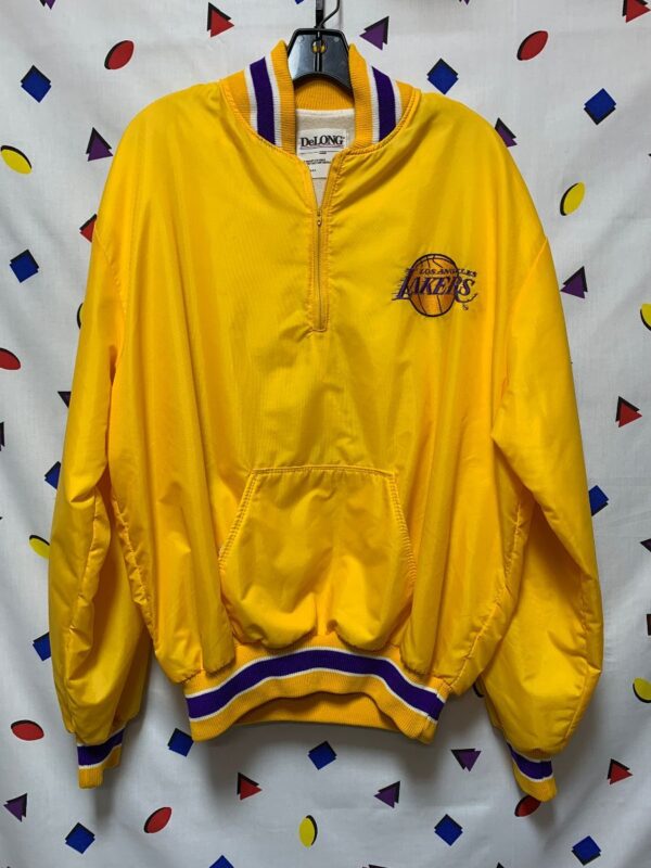 product details: NBA LOS ANGELES LAKERS QUARTER ZIP PULLOVER SATIN JACKET WITH FRONT POCKET photo