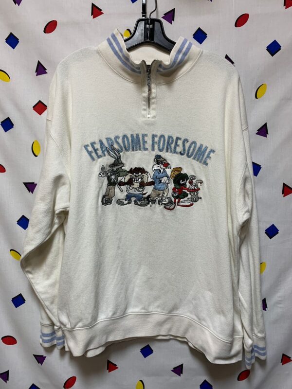 product details: LOONEY TUNES GOLF SQUAD FEARSOME FOURSOME EMBROIDERED 1/4 ZIP COLLARED PULLOVER SWEATSHIRT photo