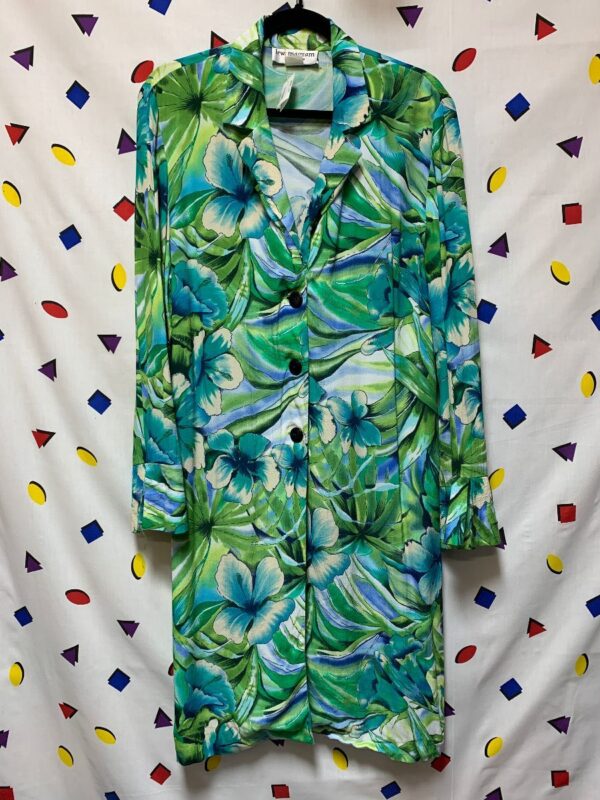 product details: TROPICAL RAYON LONGSLEEVE BUTTON DOWN HIBISCUS ALOHA DRESS / LIGHT WEIGHT JACKET photo