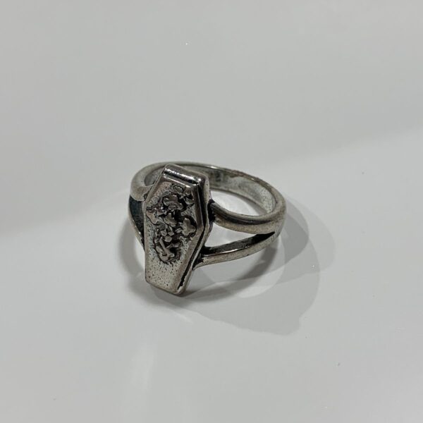 product details: COFFIN RING SIX FEET UNDER VINE WRAPPED CROSS ON COFFIN SILVER RING photo