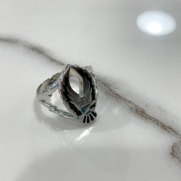 product details: HARLEY EAGLE WINGS RING TURQUOISE & JET BLACK INLAY LIGHTNING BOLT SIDES photo