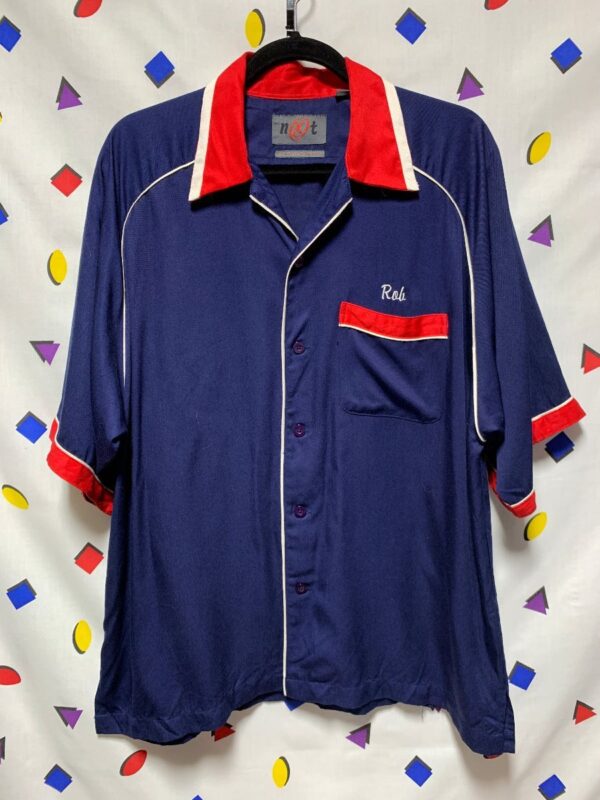product details: 1990S RAYON SHORT SLEEVE  BUTTON UP NAME ROB BOWLING SHIRT photo