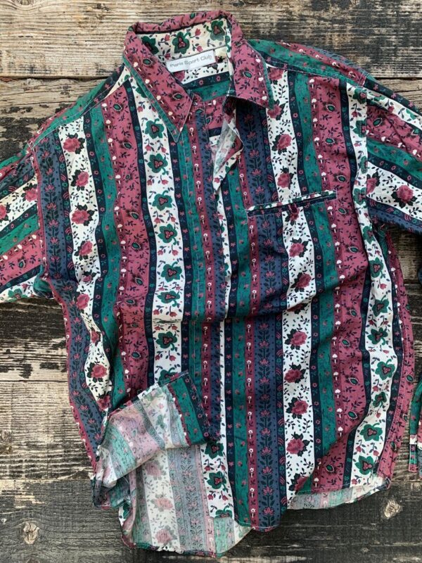 product details: FLORAL MULTI VERTICAL STRIPE PATTERN WOVEN BUTTON UP LONGSLEEVE SHIRT photo