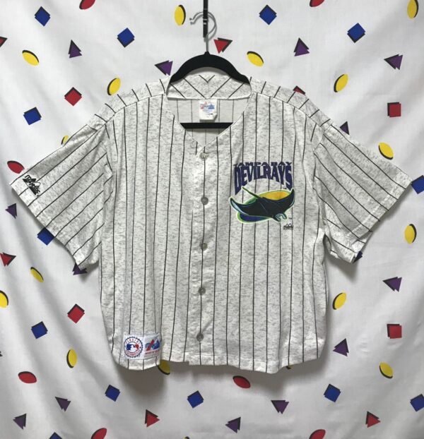 product details: CROPPED PINSTRIPE BUTTON UP BASEBALL JERSEY TAMPA BAY DEVILRAYS AS-IS photo