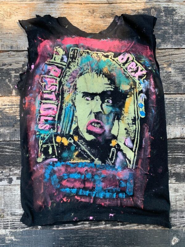 product details: HANDPAINTED SEX PISTOLS DRUNKS AND PUNK SID AND NANCY DISTRESSED TANK photo