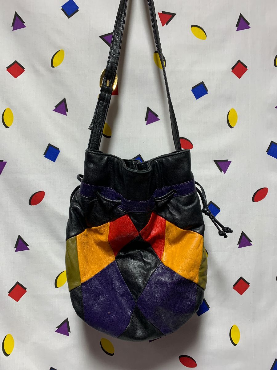 Rare 1970's Color Block Leather Jewelled Bucket Bag