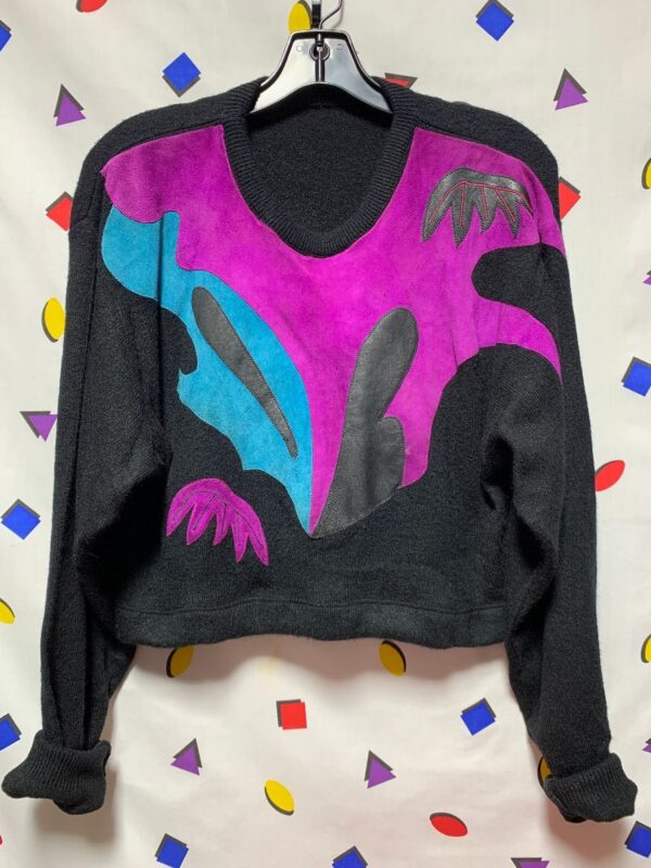 product details: SUEDE & LEATHER PATCHWORK CROPPED KNIT WOOL BLEND SWEATER photo