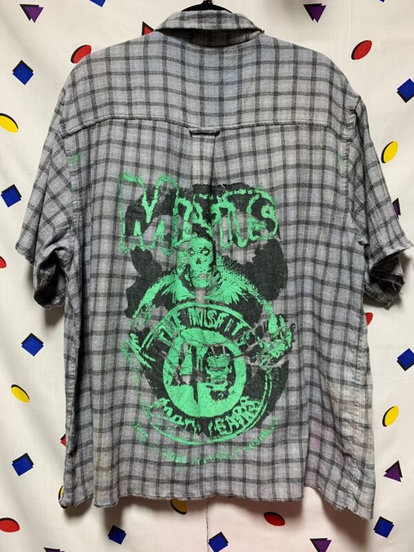 product details: DISTRESSED  MISFITS HAND-PAINTED GRAY CUTOFF  SHORT SLEEVE FLANNEL  BUTTON UP SHIRT AS IS  LOCAL ARTIST photo