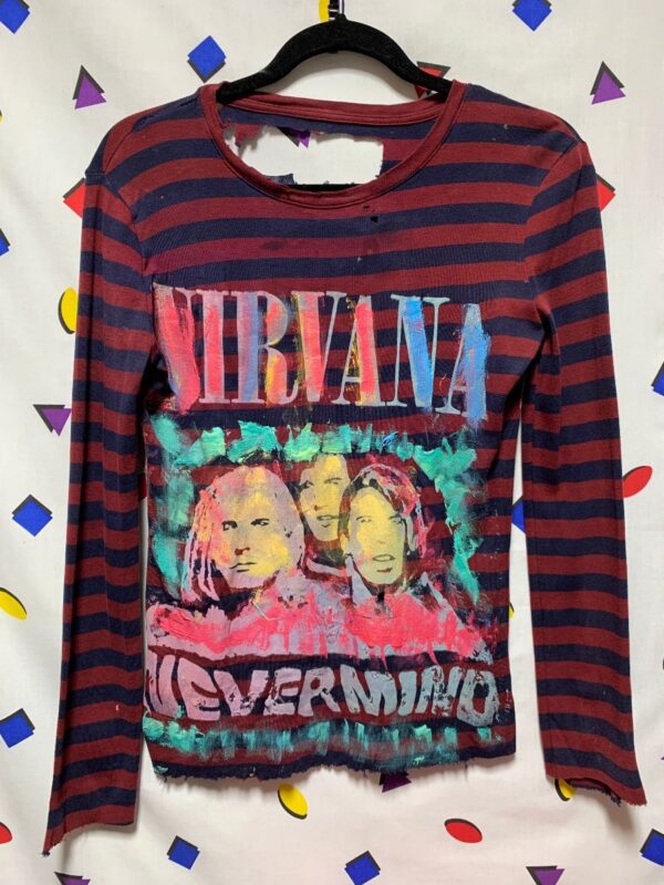product details: HEAVILY DISTRESSED STRIPED LONG SLEEVE SHIRT W/ HAND PAINTED NIRVANA DESIGN photo