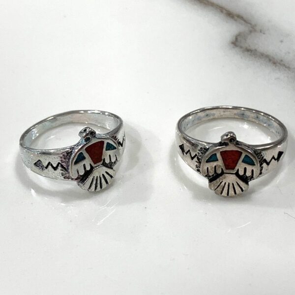 product details: NATIVE AMERICAN THUNDERBIRD SYMBOL CRUSHED TURQUOISE AND CORAL INLAY RING photo
